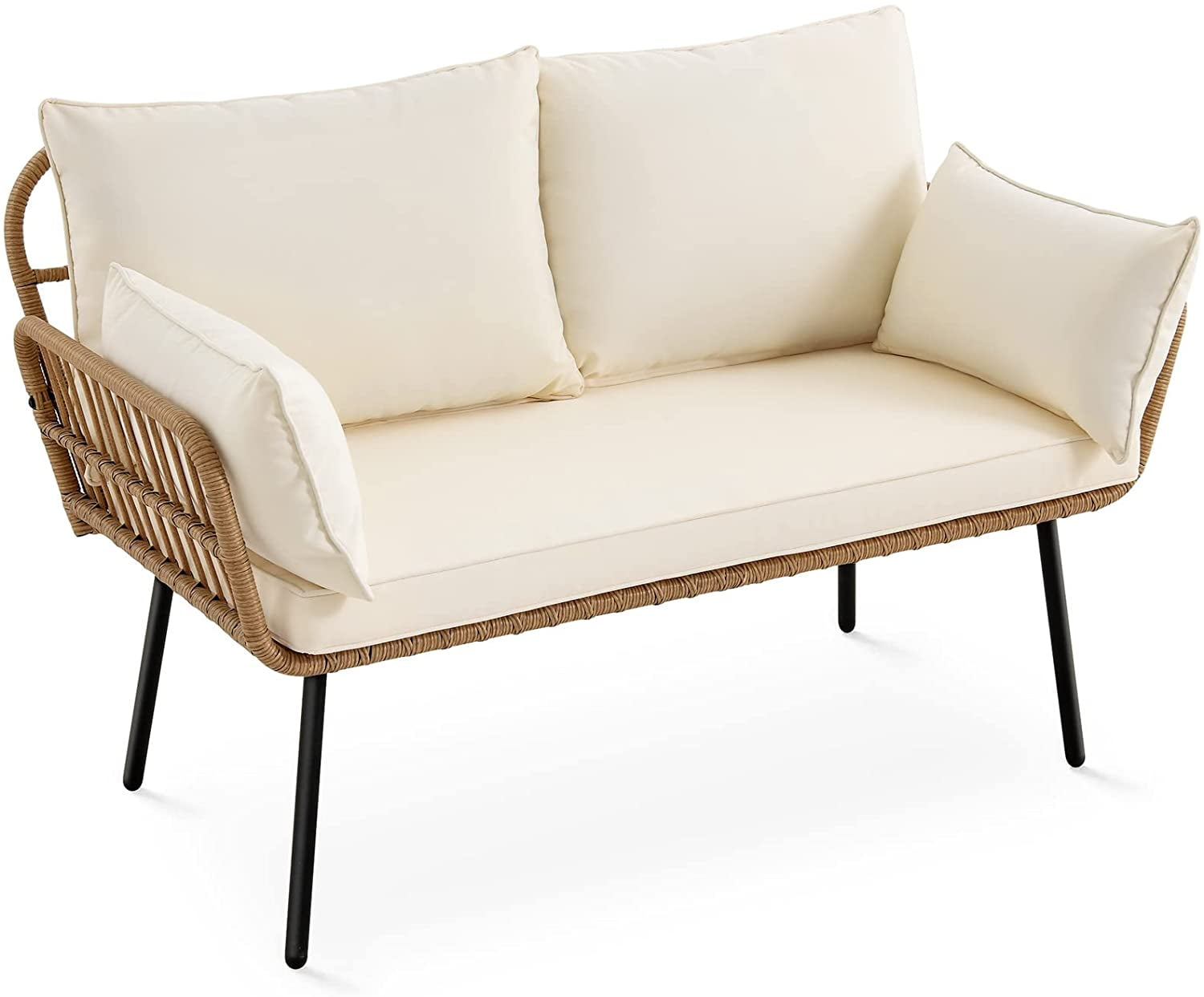 Beige Wicker and Iron Two-Seat Patio Sectional Sofa