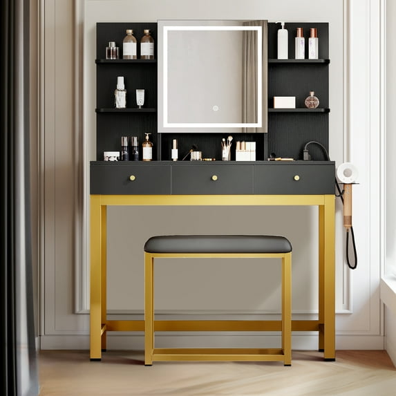 DWVO Makeup Vanity Set with Lighted Mirror & Power Outlet, Hidden Storage Shelves, Vanity Dressing Table with Drawers & Cushioned Stool, Dressing Table for Girls, Women, Black