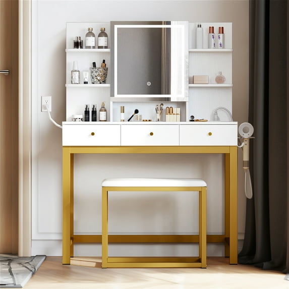 DWVO Makeup Vanity Set with Lighted Mirror & Power Outlet, Hidden Storage Shelves, Vanity Dressing Table with Drawers & Cushioned Stool, Dressing Table for Girls, Women, White