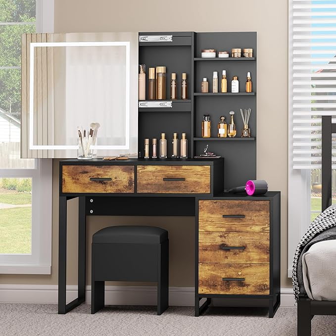 Makeup Vanity Desk With Large Lighted Mirror & 5 Drawers - Dressing Table With Power Outlet, 3 Lighting Modes