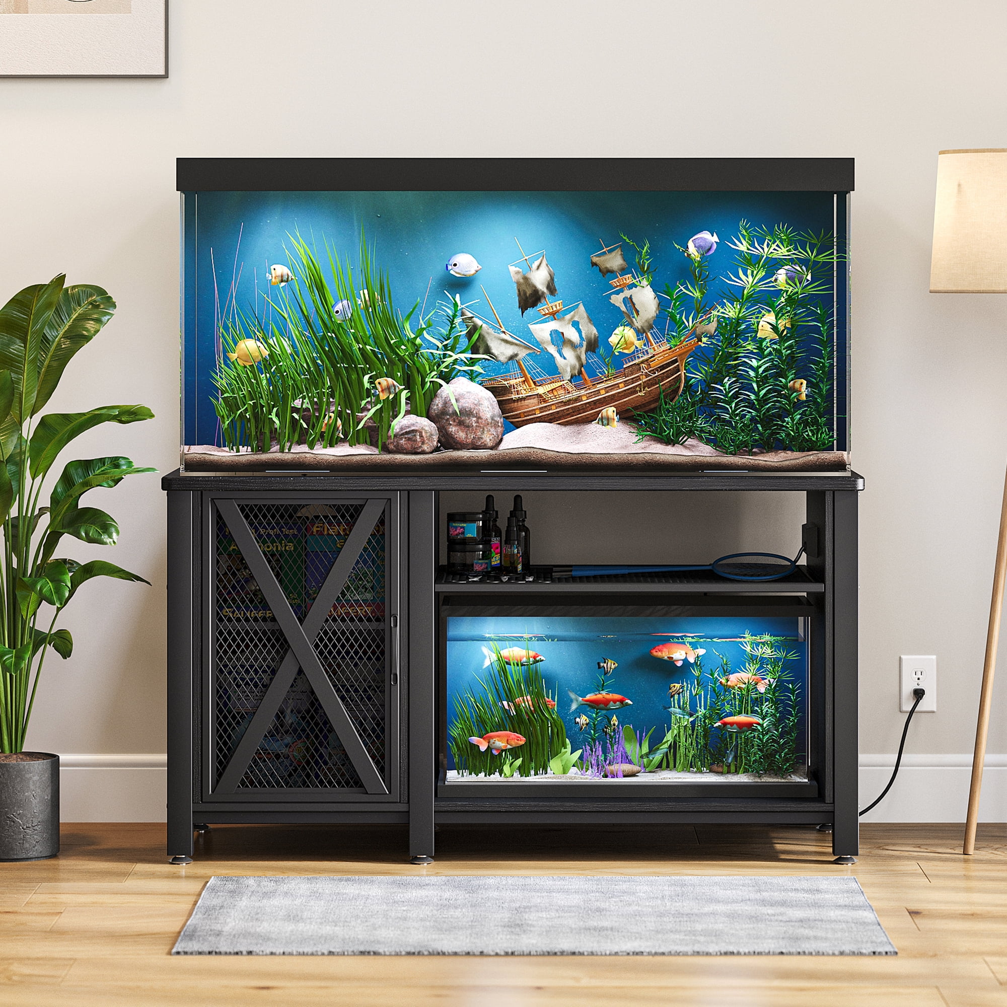 DWVO Metal Aquarium Stand with Power Outlets and Cabinet for Fish Tank  Accessories Storage - Suitable for 55-75 Gallon Fish Tank Stand, Turtle Tank,  Reptile Terrarium (865lbs Capacity) - Black 