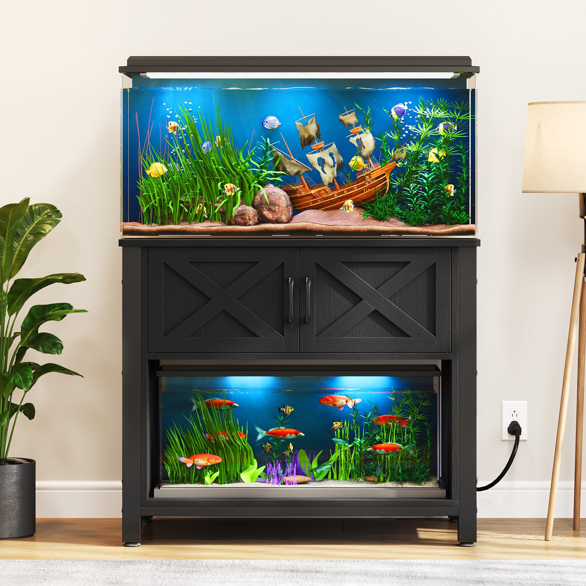 Black Metal Aquarium Stand with Cabinet and Power Outlets