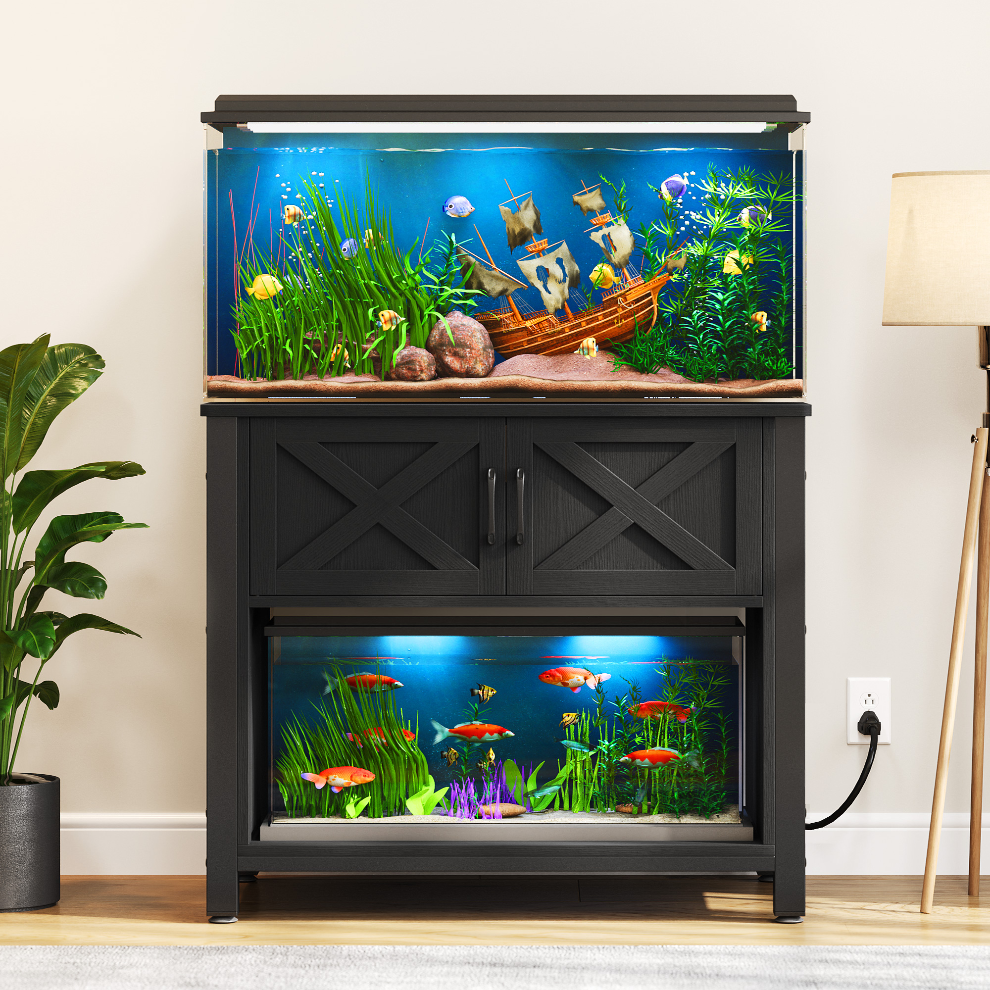 DWVO Large Metal Aquarium Stand with Power Outlets and Cabinet for 40 ...