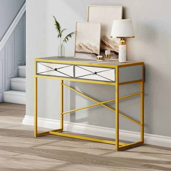DWVO Mirrored Console Table with 2 Drawers, Mirrored Vanity Desk for Bedroom Silver Sofa Table Entryway Table for Entryway/Foryer/Bedroom, Silver