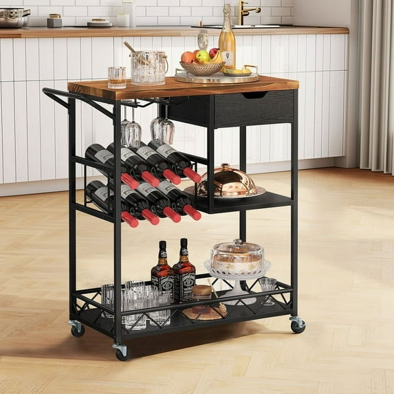 DWVO Mobile Bar Cart, 3-Tier Kitchen Serving Cart with Wine Rack and Glass Holder, Rolling Kitchen Cart with Drawer for Home, Bar, Kitchen (Style A)