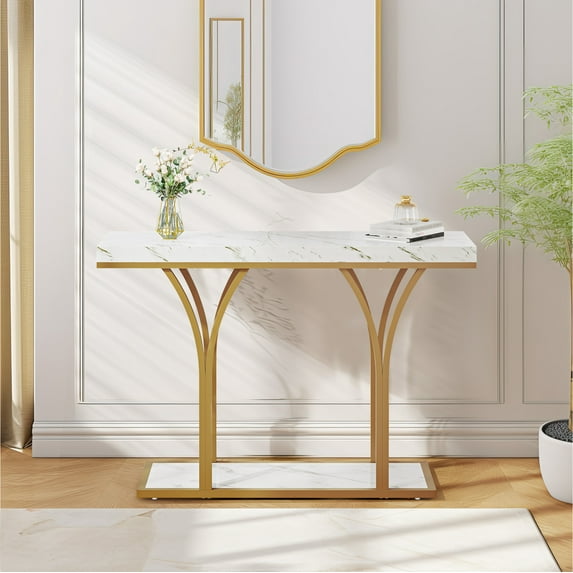DWVO Modern Console Table with Gold Base, Faux Marble Entryway Table, Luxury Sofa Accent Table for Living Room, Entrance, Hallway, Contemporary Foyer Table Behind the Couch Table