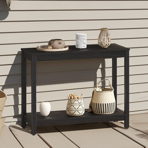 DWVO Modern Farmhouse Entryway Table with Storage Shelves, Wood Outdoor 38.3in Console Table, Side End Table - Black