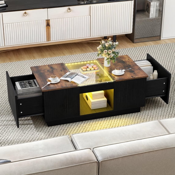 DWVO Modern LED Coffee Table, Large Living Room Center Tables with 2 Drawers, Rustic Brown