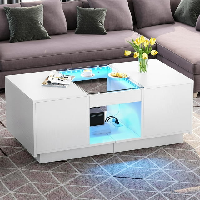 DWVO Modern LED Coffee Table, White Living Room Center Tables with