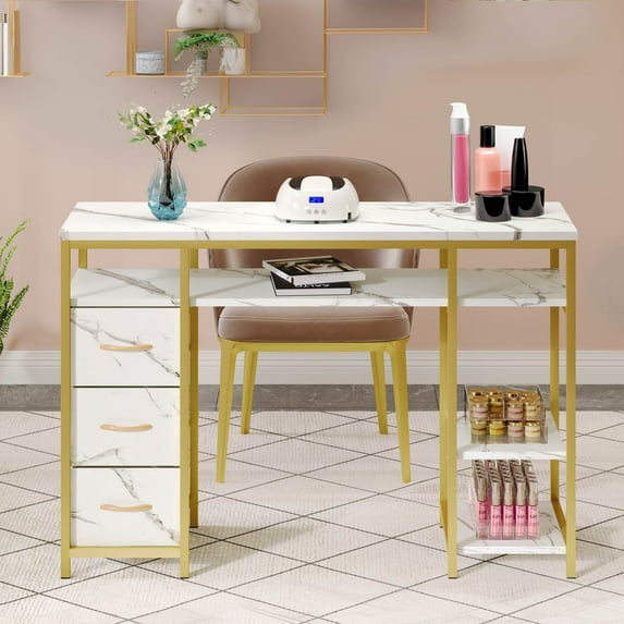 DWVO Modern Nail Table with Storage, Manicure Table with Drawer & Shelves, Marbling Texture Nail Table Station for Salon,White & Gold