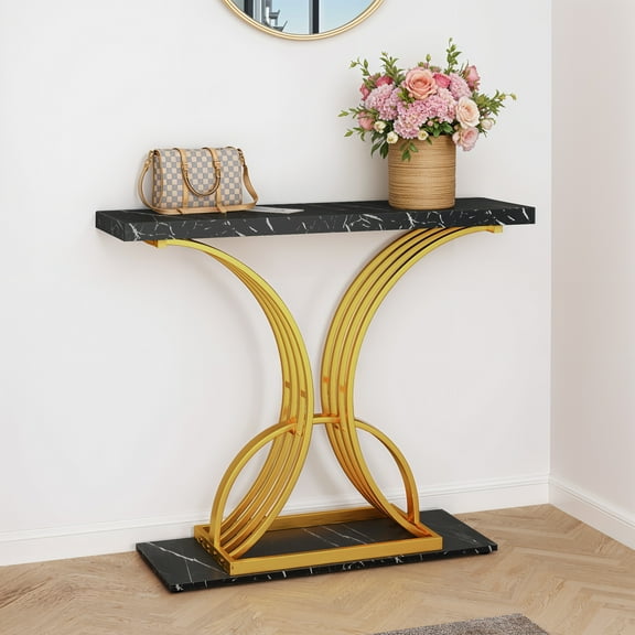 DWVO Modern Narrow Side End Table Faux Black Marble Console Table for Living Room, Hallway, Entryway
