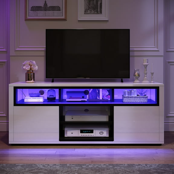 DWVO Modern TV Stand with Open Shelf Storage Cabinet High Gloss TV Stand with LED Ambient Lights for 62 inch TV, White