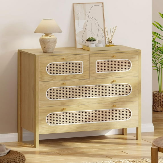 DWVO Natural Rattan Buffet Sideboard Cabinet 4 Drawer Dresser, Black Rattan Dressers Chest of Drawers, Wood Storage Cabinets Corner Bedside Table for Dressering Room, Entryway, Hallway