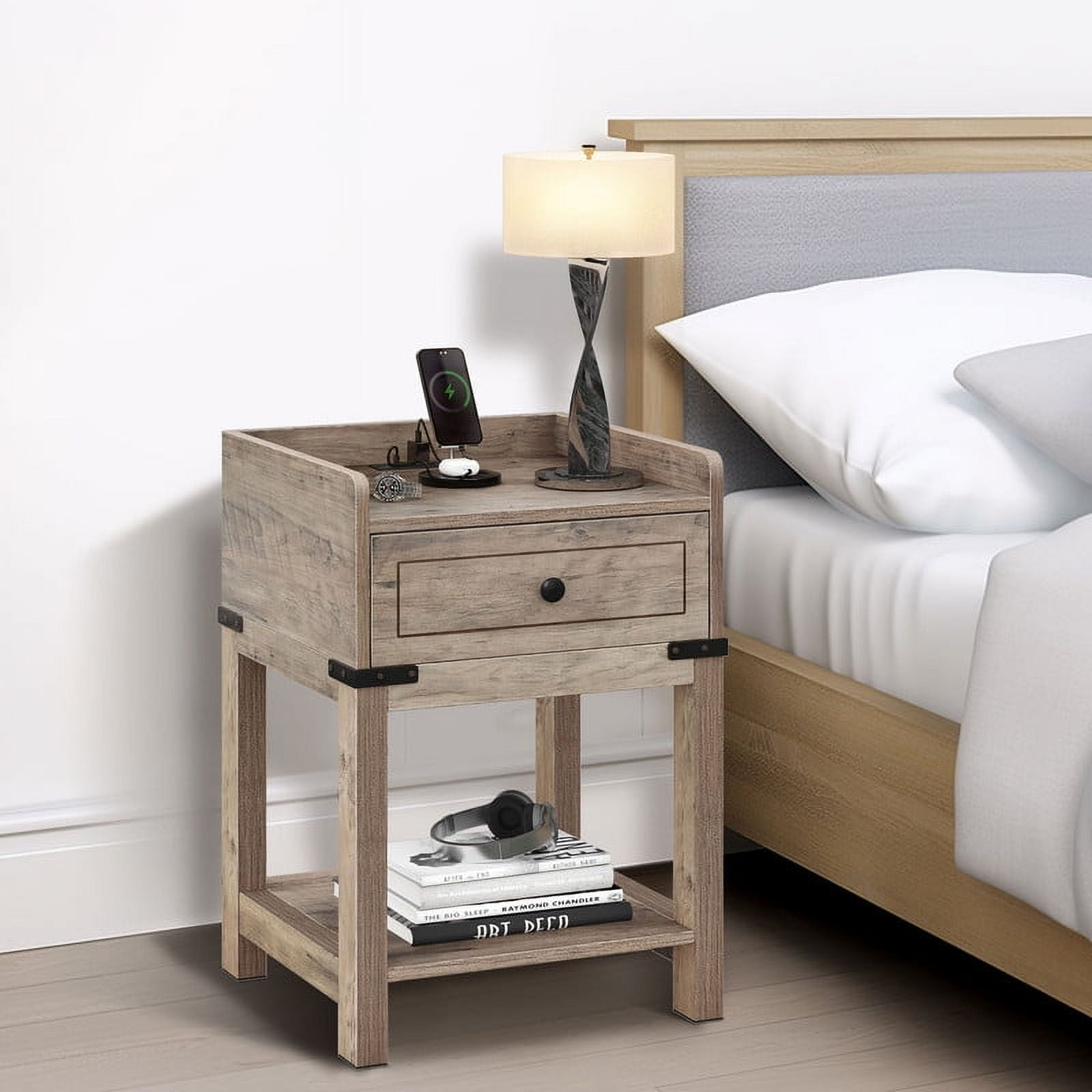 Gray Wood and Metal Nightstand with USB Ports and Drawer Storage