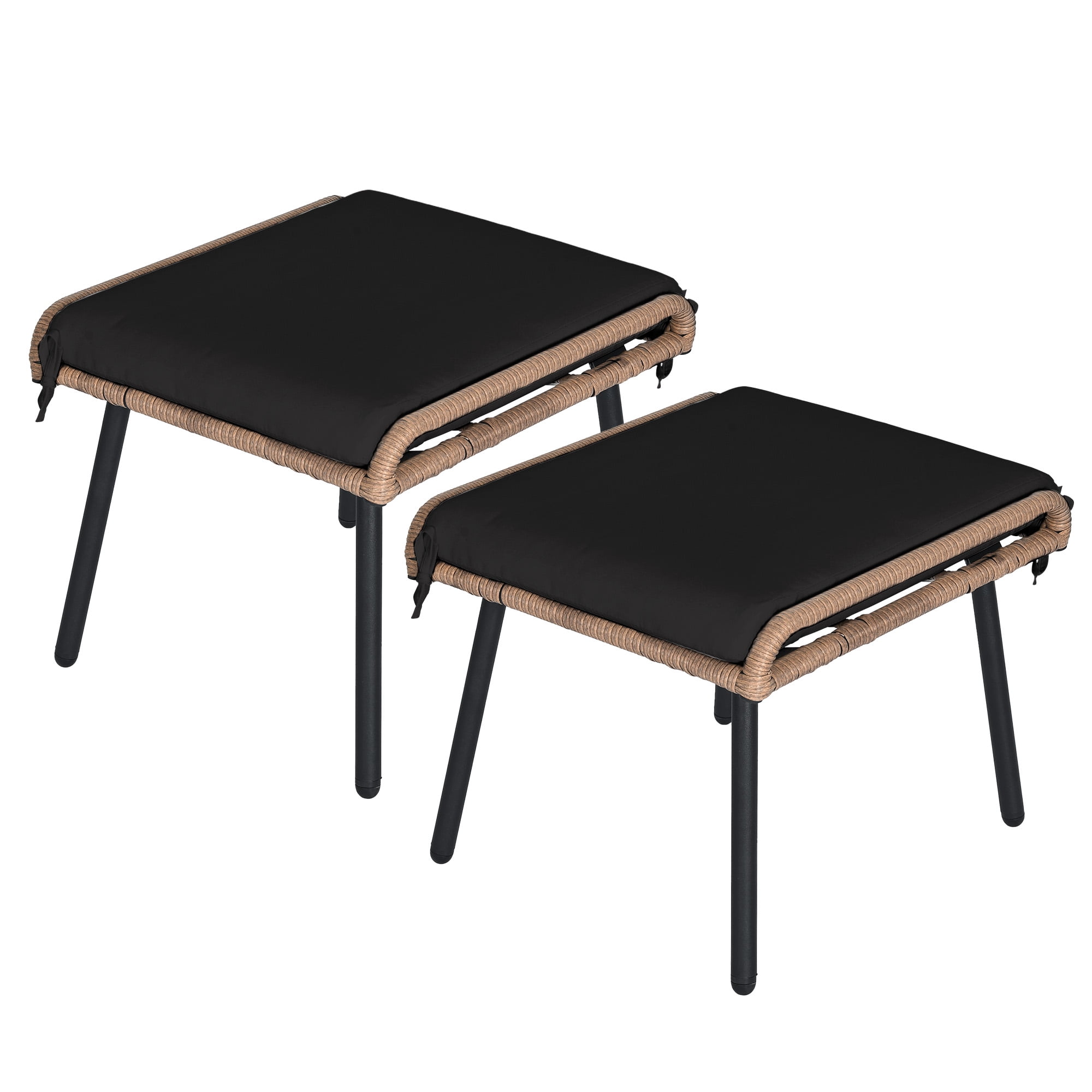 Milam Beige Rattan Outdoor Ottomans with Black Cushions, Set of 2