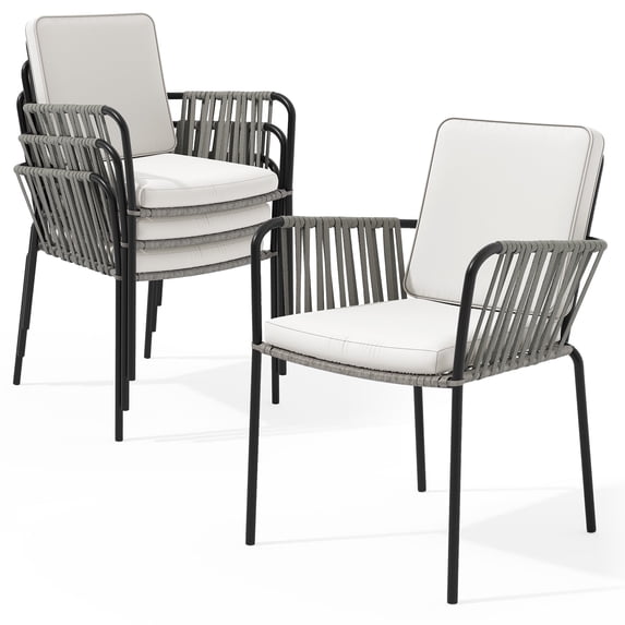 DWVO Outdoor Patio Dining Chairs Set of 4, Patio Rope Woven Stackable Chairs, Outdoor Dining Single Sofa Chair Wicker Bistro Chairs Armchair Seating - Gray & Beige