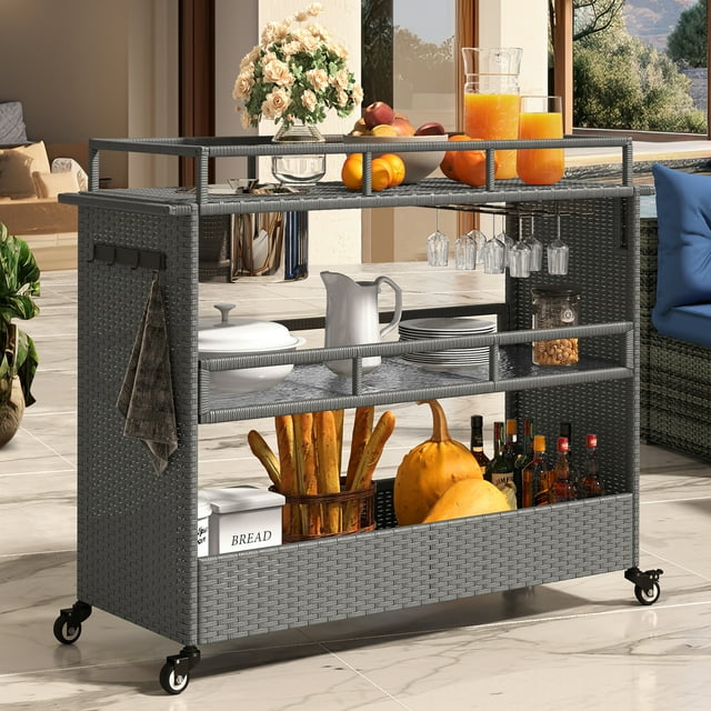 DWVO Outdoor Patio Rattan Rooling Bar Table Serving Cart, Wicker Cart