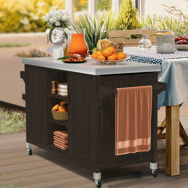 DWVO Outdoor Prep Table Grill Station, Solid Wood Movable Dining Cart