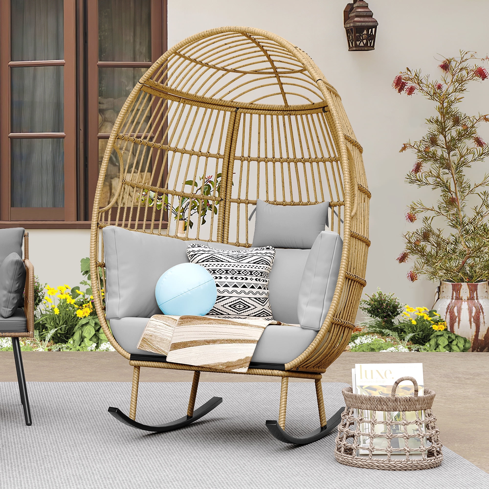DWVO Outdoor Rocking Egg Chair Wicker Patio Rocking Swivel Basket Chair Grey