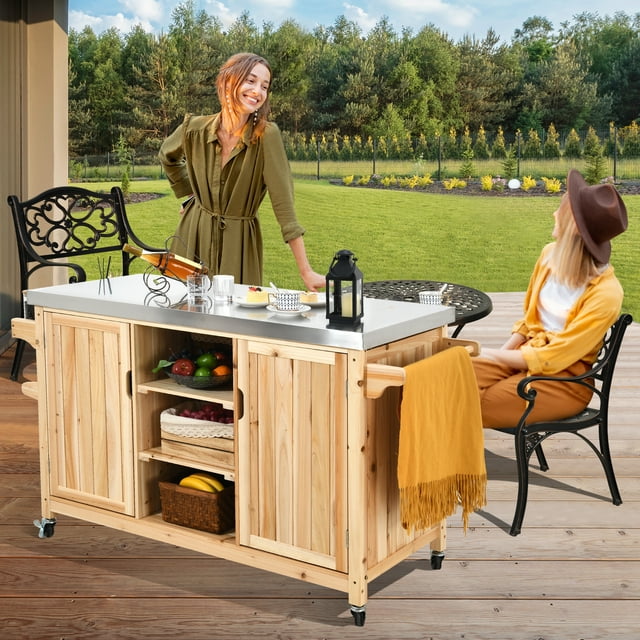 DWVO Solid Wood Outdoor Cooking & Food Preparation Table with Stainless ...