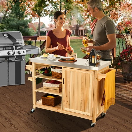 DWVO Outdoor Table and Storage Cabinet Solid Wood Movable Grill Table with Stainless Steel Top for Outside Patio Kitchen Island or Bar Cart