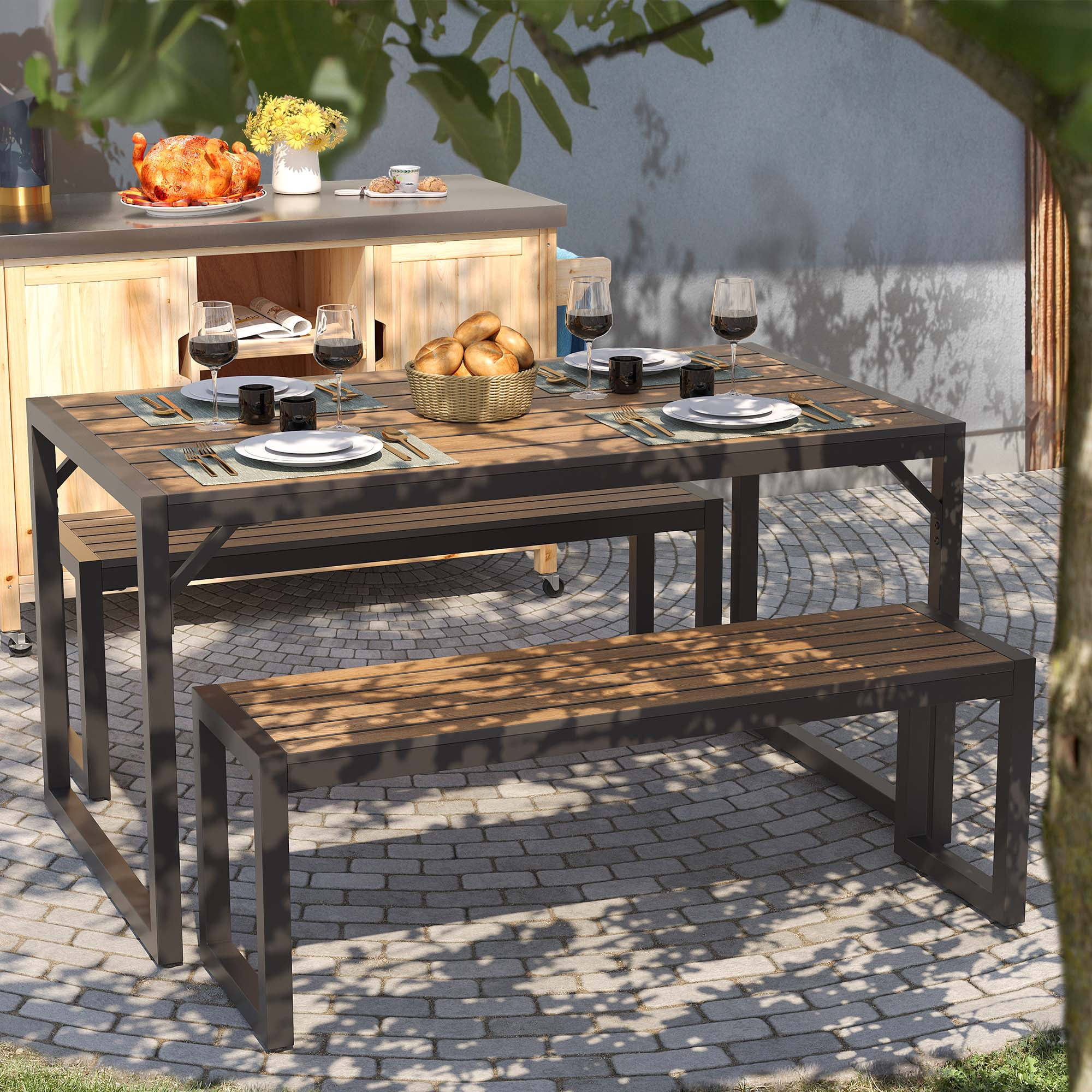 DWVO Patio Dining Table and 2 Bench with Faux Wood Tabletop Outdoor Dining Set for 4 6 People All Weather Picnic Conversation Set for Garden