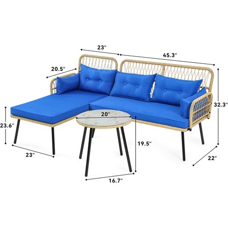 DWVO Patio Furniture L-Shaped Coversation Sectional Outdoor Sofa Set for Backyard, Porch with Thick Cushions Detachable Lounger, Side Table (Light Brown+Navy Blue)