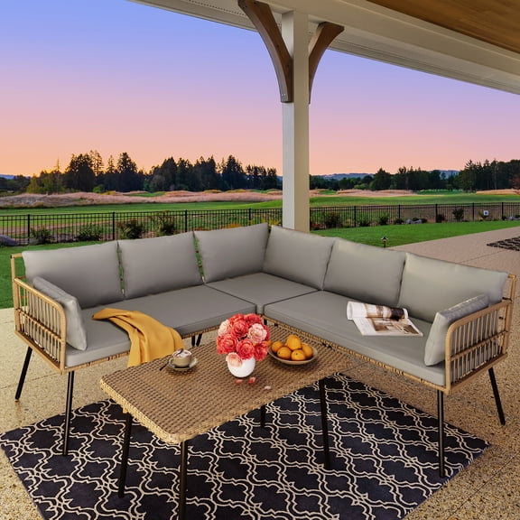 DWVO Patio Furniture Set, Outdoor Wicker Conversation Sectional L-Shaped Sofa with 5 Seater and Coffee table for Backyard - Gray