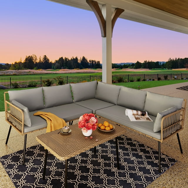 DWVO Patio Furniture Set, Outdoor Wicker Conversation Sectional L