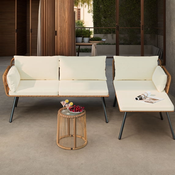 DWVO Patio Furniture Set, Outdoor Wicker Conversation Set of Sectional L-Shaped Sofa with Cushions and Coffee Table - Beige