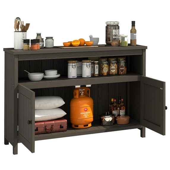 DWVO Patio Outdoor Bar Table,Wooden Sideboard Counter Table with 2 Doors and Shelves - Storage Cabinet Deck Box - Brown