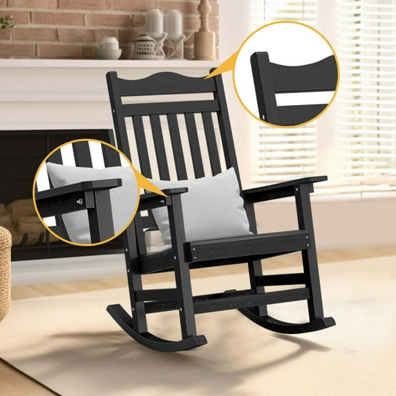 DWVO Patio Wooden Rocking Chair (Black) Lawn Garden Outdoor w/ Armrest Cushion, Bedroom, Living Room
