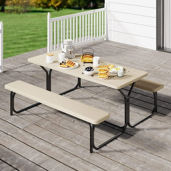 Craftian Picnic Table 6ft Heavy Duty Outdoor Picnic Table and Bench Resin Tabletop & Stable Steel Frame w/Umbrella Hole for Yard Patio Lawn Party Light Brown