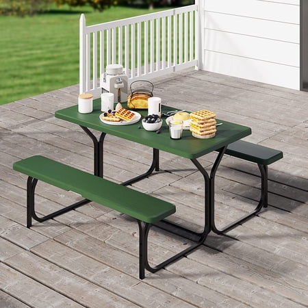 Craftian Picnic Table Heavy Duty Outdoor Picnic Table and Bench with Weather Resistant Resin Tabletop & Stable Steel Frame for Yard Patio Lawn Party Green