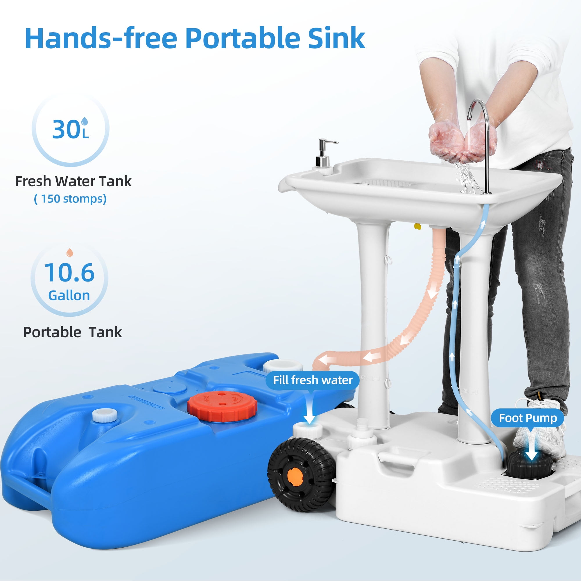 DWVO Portable Camping Sink and 10.6 Gallon Water Tank With Rolling Wheels Hand Washing Station with 30 L Water Capacity