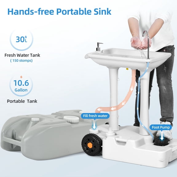 DWVO Portable Camping Sink and 10.6 Gallon Water Tank with Rolling Wheels, Hand Washing Station with 30 L Water Capacity for RV Travel