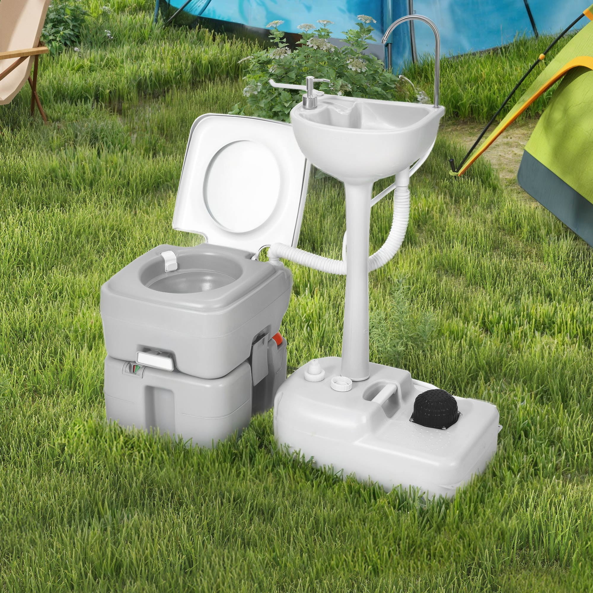 DWVO Portable Sink and Toilet, 17L Hand Washing Station, 5.3 Gallon Flush Potty, for Outdoor, Camping, RV, Boat, Camper, Travel