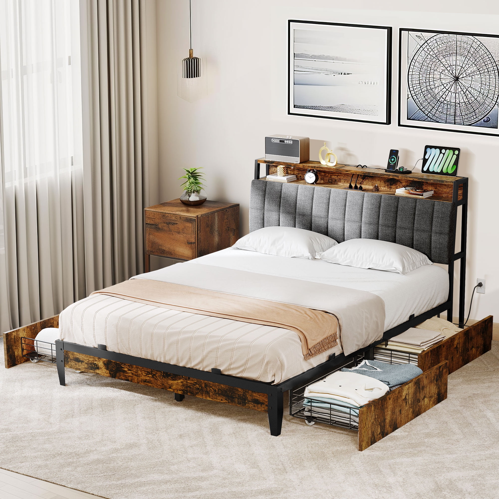 DWVO Queen Bed Frame with Charging Station and Storage Drawers ...