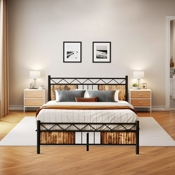 DWVO Queen Platform Metal Bed Frame with Headboard & Soundproof Cotton, Black and Brown