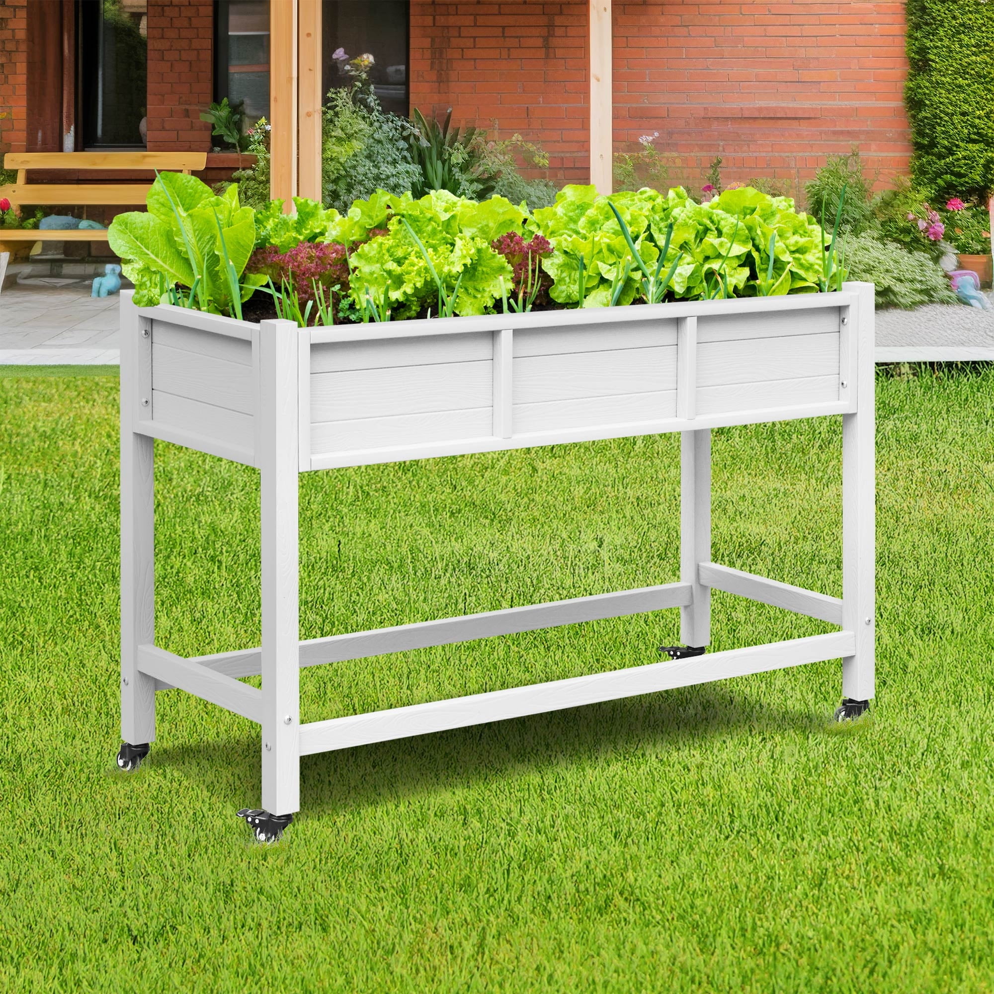 DWVO Outdoor Wood Planter Box, Raised Garden Bed on Lockable Wheels,  Weather-Resistant, 400lb Capacity, White - Walmart.com