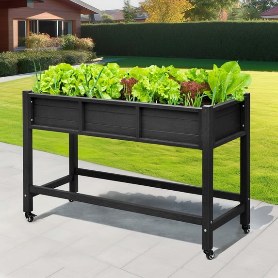 DWVO Raised Garden Bed with Planter Box with Legs & Lockable Wheels, Elevated Wooden Planter Box Stand for Backyard, Patio, Balcony, 400lb Capacity - Black