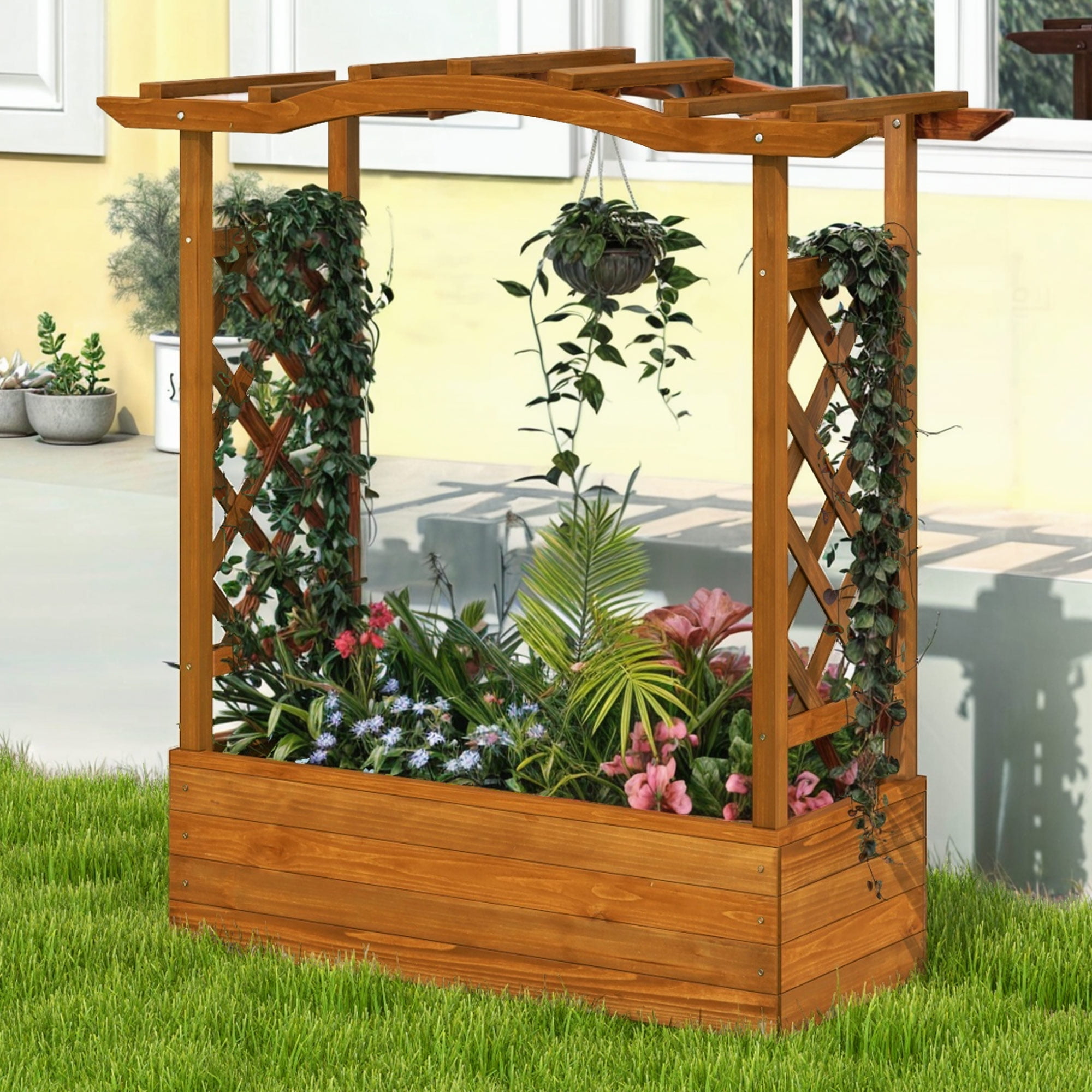 Brown Solid Wood Raised Garden Bed with Trellis and Hanging Roof