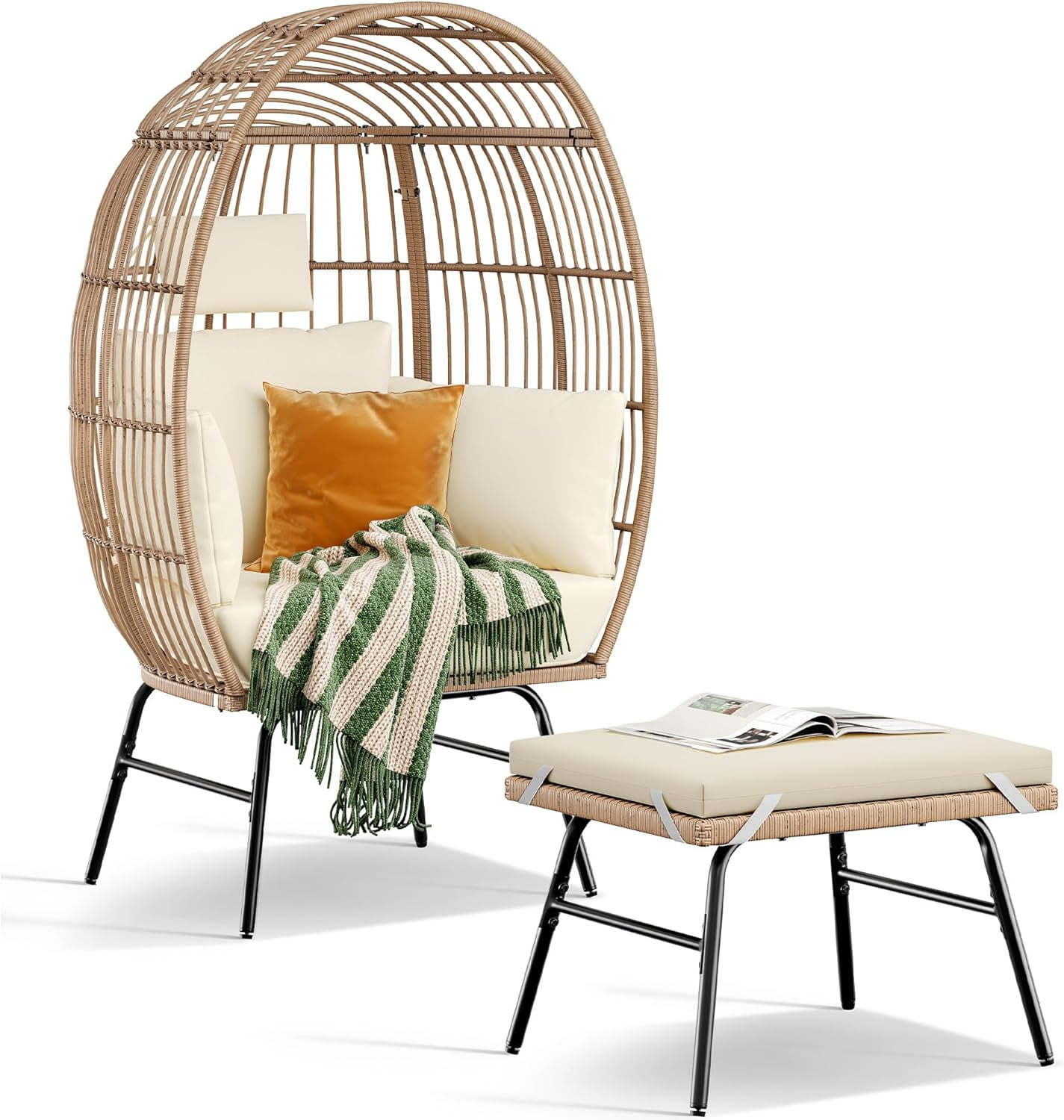 DWVO Rattan Egg Chair with Ottoman, Indoor Outdoor Egg Shape Wicker Chair for Patio, Backyard ...