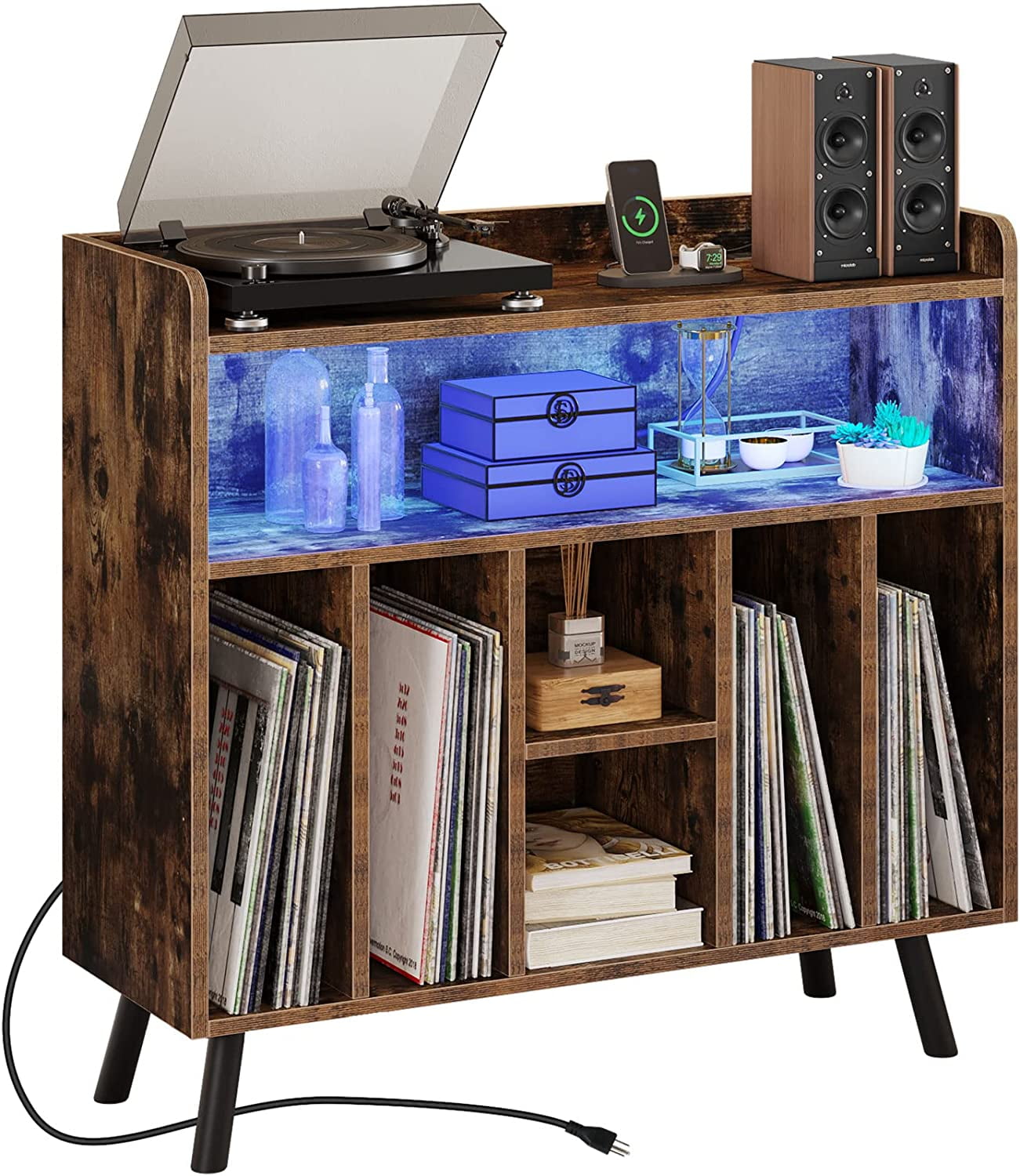 Brown Woodgrain Record Player Stand with Power Outlets and LED Lights