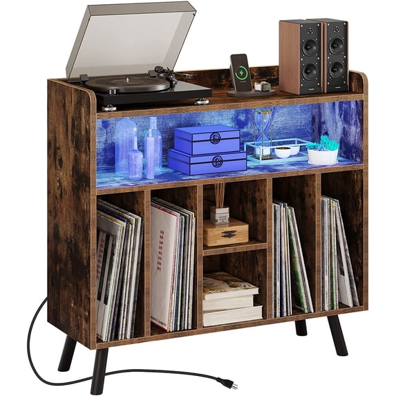 DWVO Record Player Stand with Power Outlets and LED Lights, Vinyl Record Storage Table Turntable Stand Holds up to 200 Albums