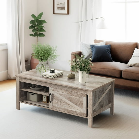 DWVO Rectangular Wooden Coffee Table with Adjustable Storage Shelf, Rustic Gray