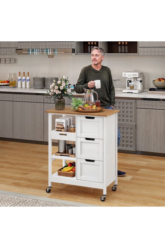 Rolling Kitchen Island Cart with Countertop and Drawer, 3 Tier Mobile Kitchen Storage Island Cart with 3 Drawers and 3 Opening Storage Shelves for Kitchen Living Room, White