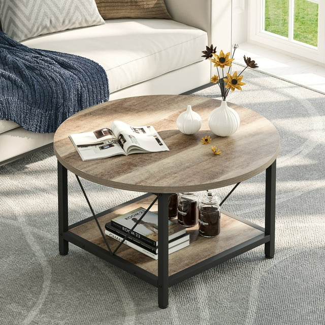 DWVO Industrial Round Coffee Table with Oak Wooden Top and Storage
