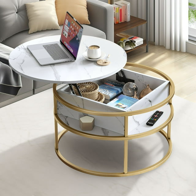 DWVO Round Lift Top Coffee Table, Marble Center Tables with Storage