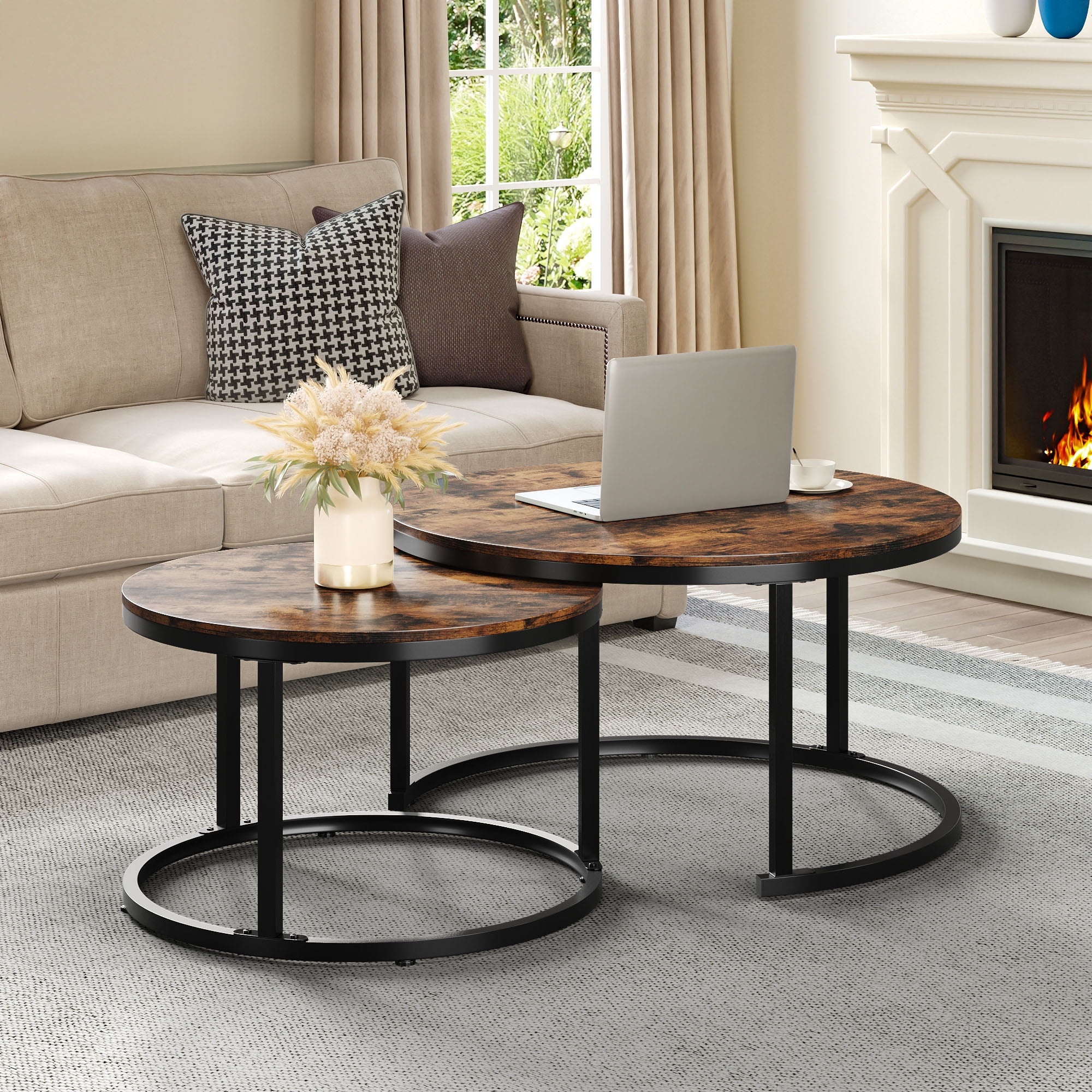 DWVO Round Nesting Coffee Table Set of 2, Snack End Table with Metal Frame for Living Room, Rustic Brown
